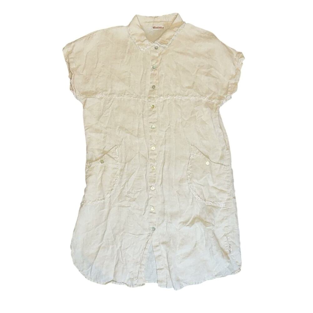 Vintage Papillon Linen Lace Trim Button Down Tunic Top - Cream Size L